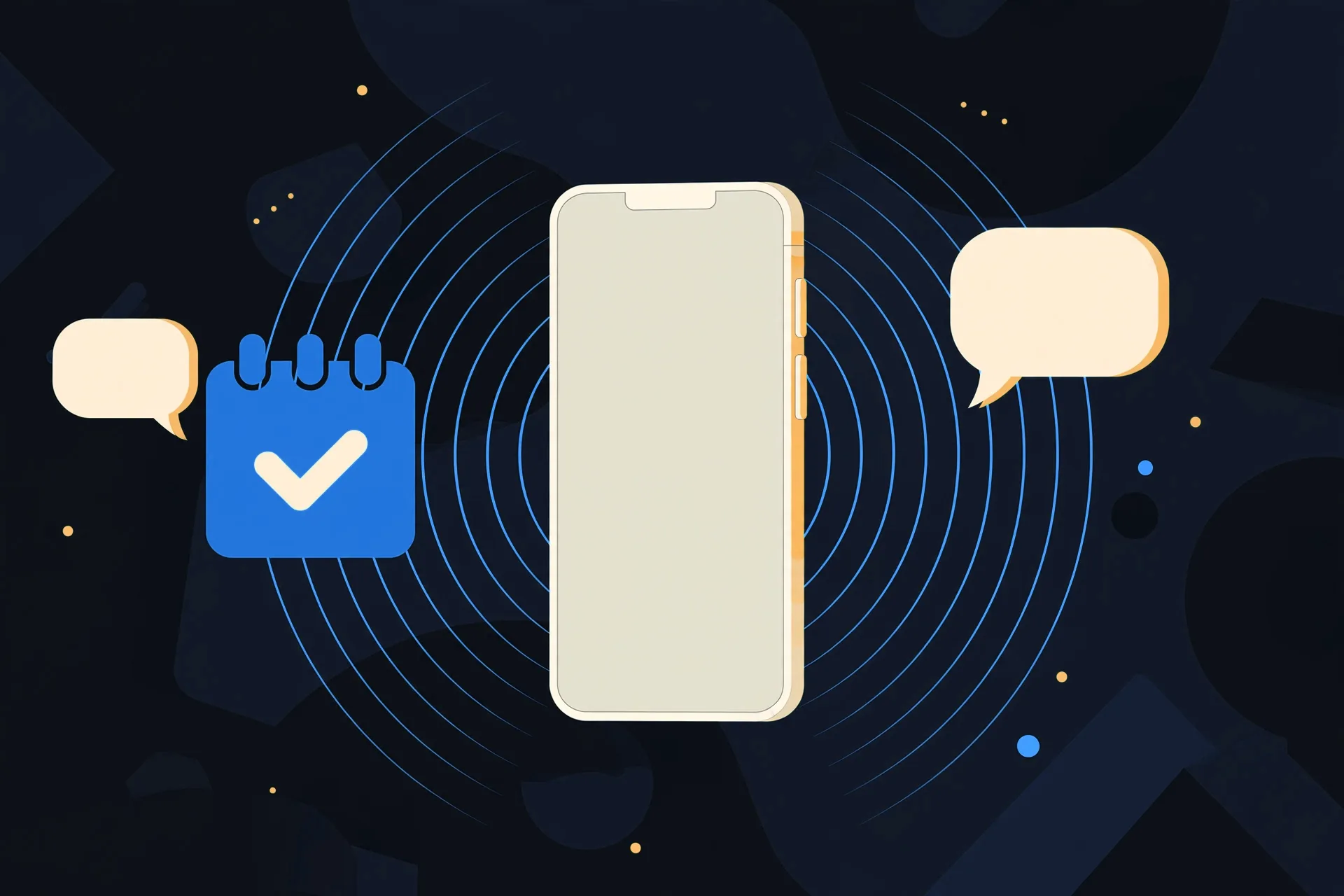 Illustration of a phone receiving calls, with a booking calendar and message bubbles